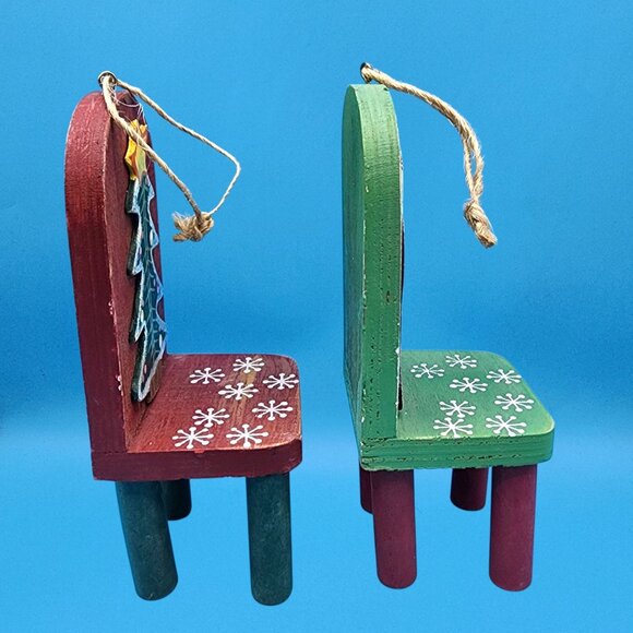 Vintage Wooden Santa & Tree Chair Folk Art Ornaments Handcrafted Set 1997 - Picture 7 of 10